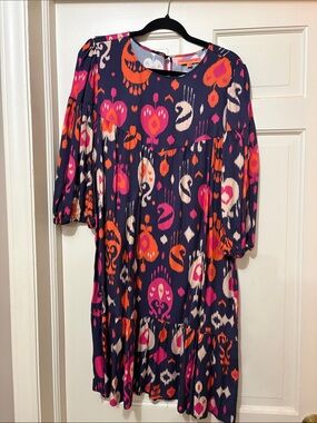 Vilagallo Navy Midi Dress with Pink & Orange Ikat Print